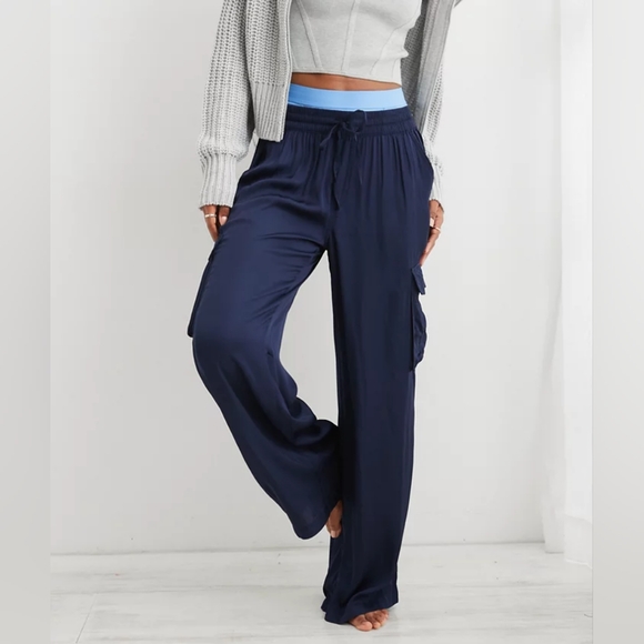 aerie Pants - AERIE NWT Navy Blue Shiny Satin Women's Drawstring Loose Fit Cargo Pants